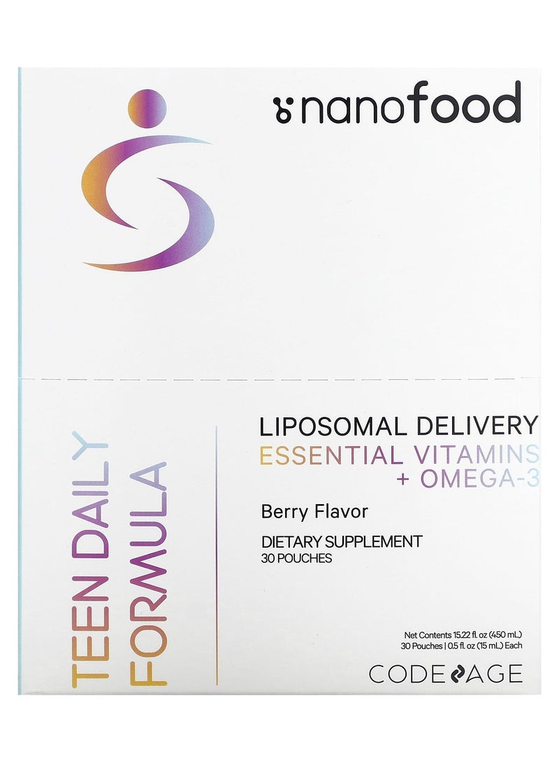 Codeage Nanofood, Teen Daily Formula, Liposomal Delivery, Essential Vitamins + Omega-3, Berry, 30 Pouches, 0.5 fl oz (15 ml) Each