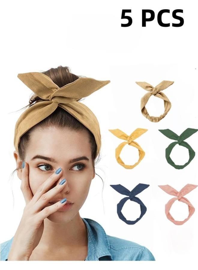 5 Pack Solid Color Twist Bow Headband Wired Hair Tie Wire Headbands Rabbit Ear Head Wraps for Women Girls Accessories - Image 1