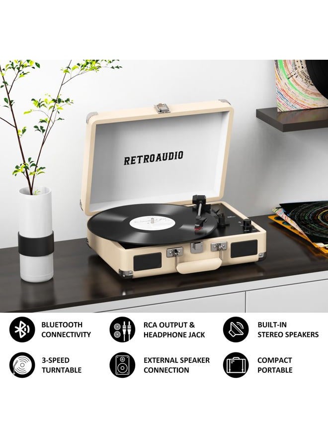 RetroAudio Vinyl Record Player Bluetooth Vintage Portable Suitcase Turntable with Built-in Speakers 3-Speed Belt-Driven Record Player Support RCA Output and Headphone Output (Warm White) - Image 3