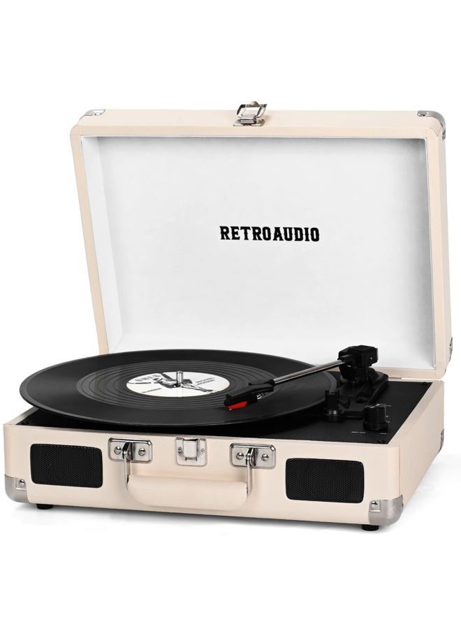 RetroAudio Vinyl Record Player Bluetooth Vintage Portable Suitcase Turntable with Built-in Speakers 3-Speed Belt-Driven Record Player Support RCA Output and Headphone Output (Warm White) - Image 1