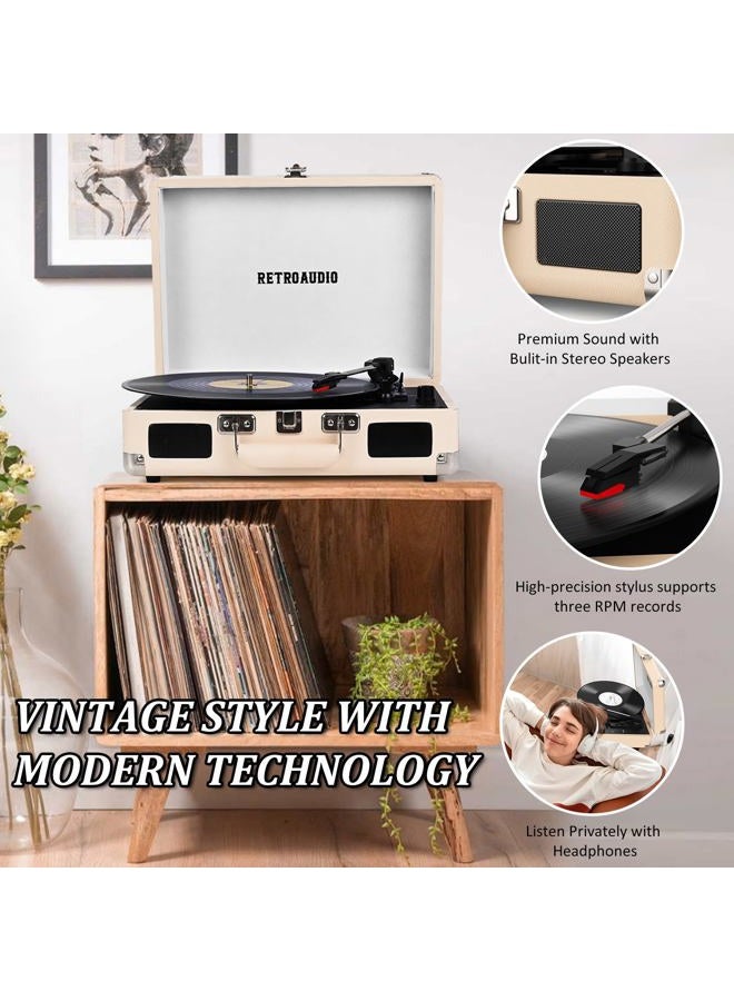 RetroAudio Vinyl Record Player Bluetooth Vintage Portable Suitcase Turntable with Built-in Speakers 3-Speed Belt-Driven Record Player Support RCA Output and Headphone Output (Warm White) - Image 5