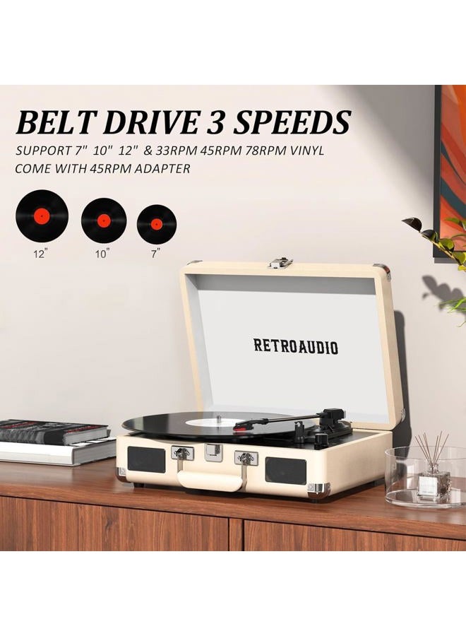 RetroAudio Vinyl Record Player Bluetooth Vintage Portable Suitcase Turntable with Built-in Speakers 3-Speed Belt-Driven Record Player Support RCA Output and Headphone Output (Warm White) - Image 4