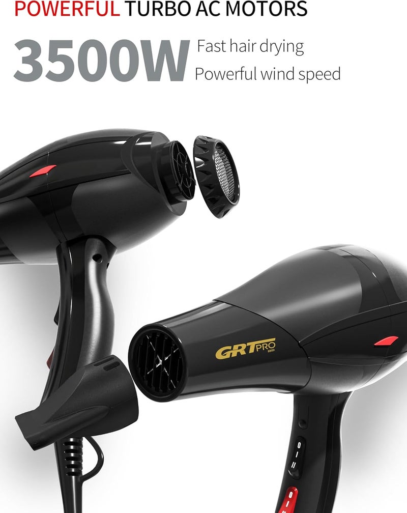 GRT PRO Professional Hair Dryer 3500W Ionic Hairdryer AC Motor Blue Light Anion with 1 Diffuser & 2 Nozzles Accessories, Overheating Protection 2 Speeds 3 Heat Settings for Women Men Home Salon - Image 2