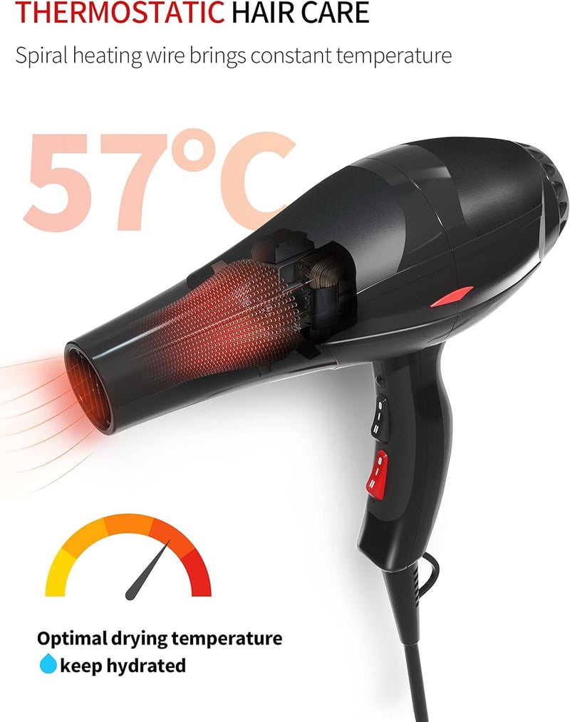 GRT PRO Professional Hair Dryer 3500W Ionic Hairdryer AC Motor Blue Light Anion with 1 Diffuser & 2 Nozzles Accessories, Overheating Protection 2 Speeds 3 Heat Settings for Women Men Home Salon - Image 3