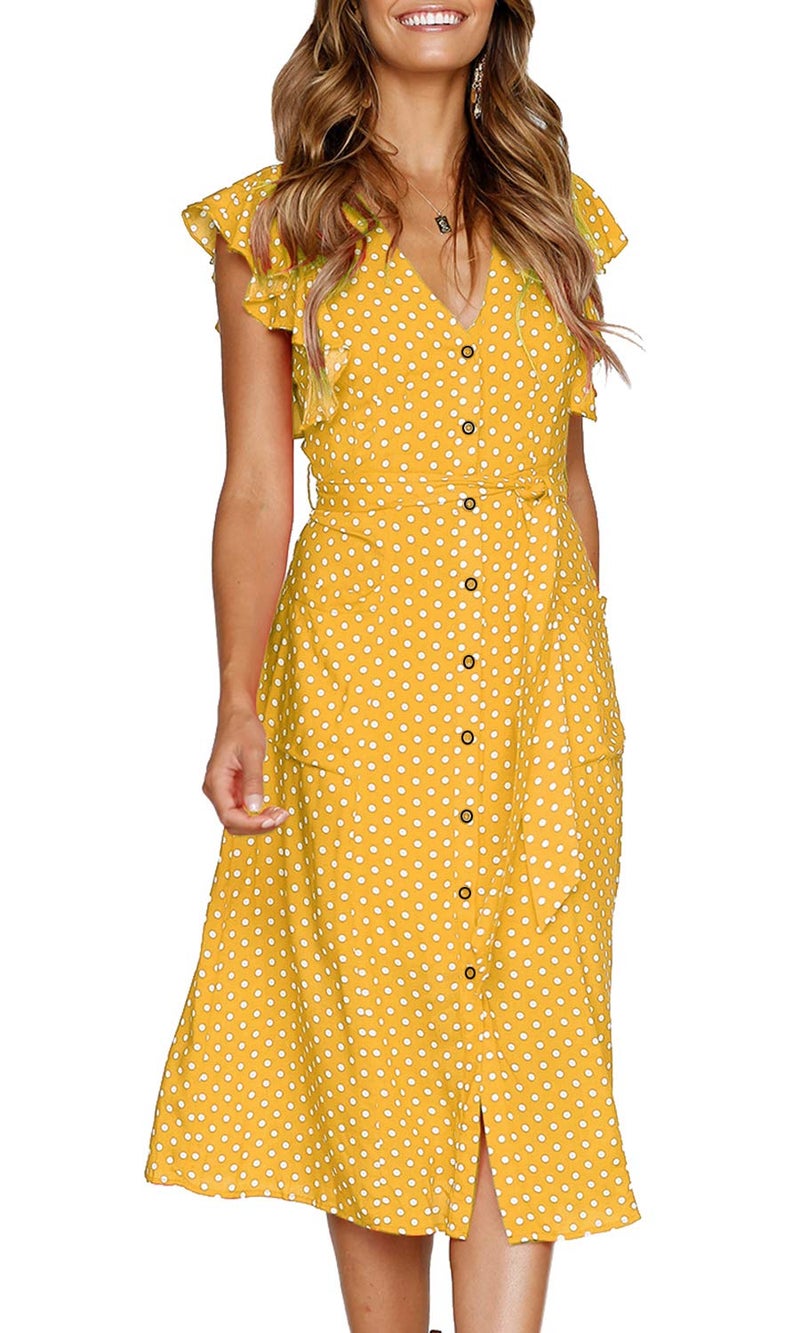MITILLY Women's Boho Polka Dot Flutter Short Sleeve V Neck Button Down Swing Midi Dress with Pockets X-Large Yellow - Image 1