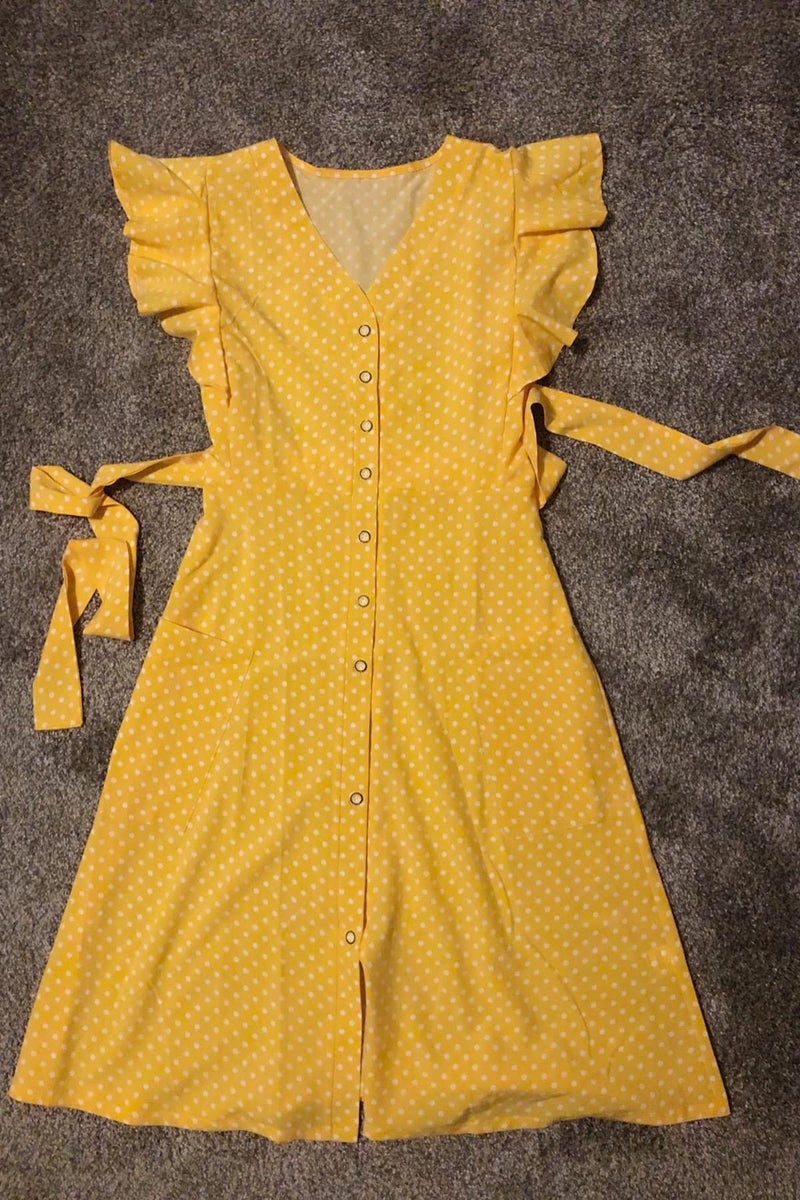 MITILLY Women's Boho Polka Dot Flutter Short Sleeve V Neck Button Down Swing Midi Dress with Pockets X-Large Yellow - Image 3