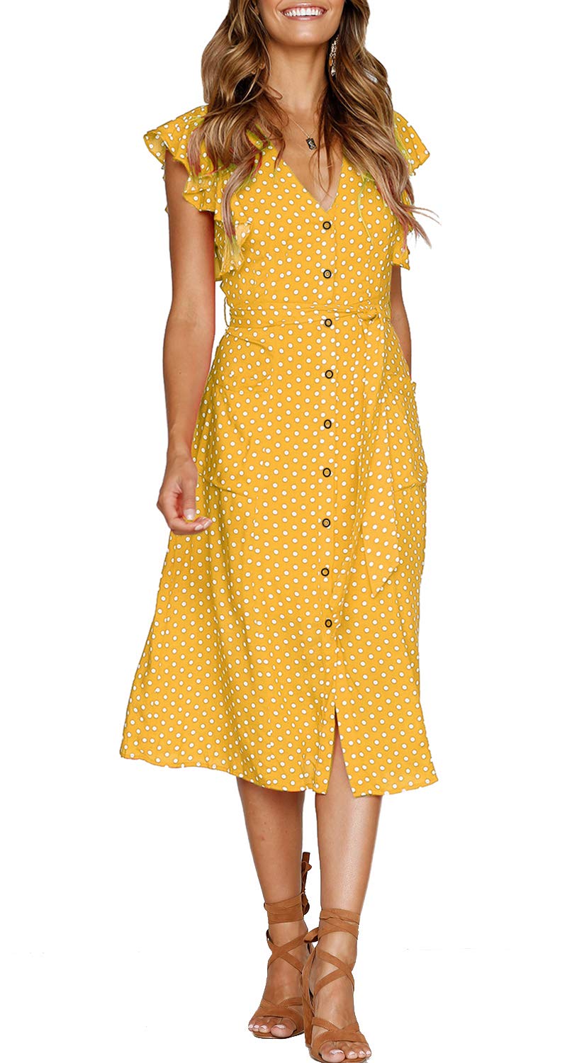 MITILLY Women's Boho Polka Dot Flutter Short Sleeve V Neck Button Down Swing Midi Dress with Pockets X-Large Yellow - Image 2