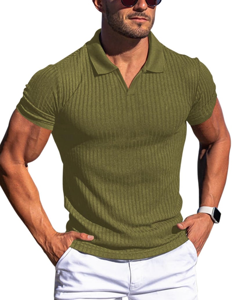 Gnvviwl Men's Muscle V Neck Polo Shirts Slim Fit Short Sleeve Cotton Golf T-Shirts Ribbed Knit Soft Tees Army Green - Image 1