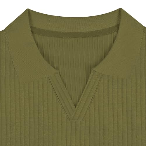 Gnvviwl Men's Muscle V Neck Polo Shirts Slim Fit Short Sleeve Cotton Golf T-Shirts Ribbed Knit Soft Tees Army Green - Image 3