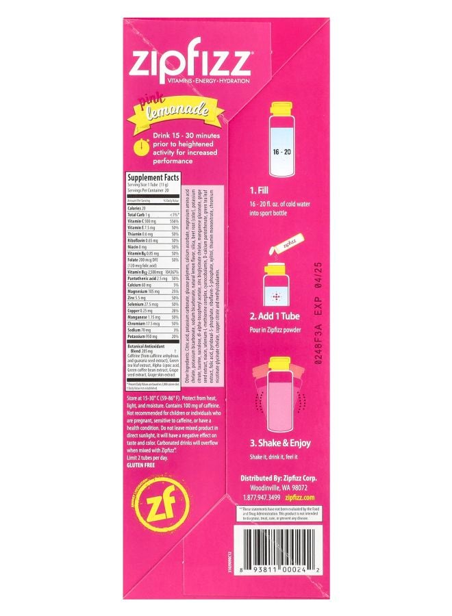 Zipfizz Energy Drink Mix Pink Lemonade 20 Tubes 0.39 oz (11 g) Each - Image 2