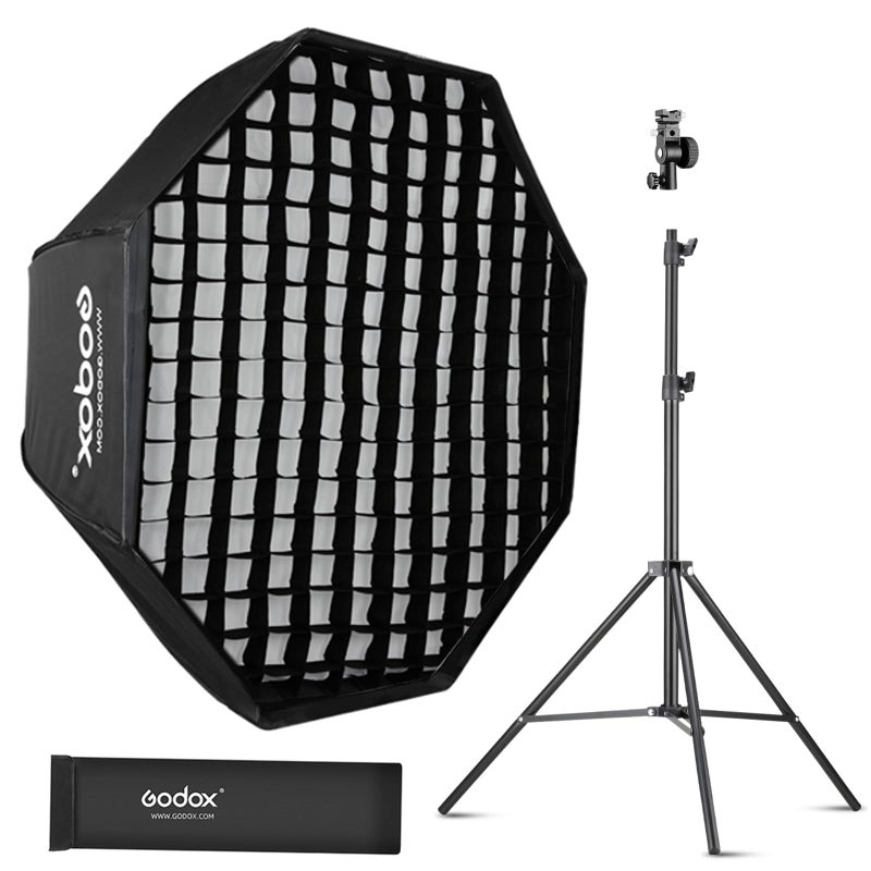 Godox 37595cm Octagon Umbrella Soft Box Kit with Grid 2m Light Stand TypeE Hot Shoe Holder Bracket Compatible Octabox for Studio Photo Flash Speed Light - Image 2