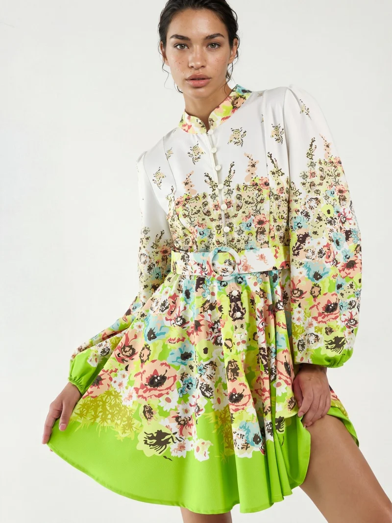 جينيفر Printed Mini Dress with V-Neck