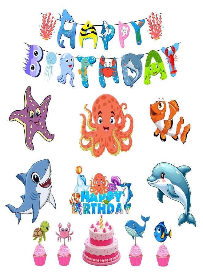 Partyjoy Ocean Kids party Decoration Theme for Kids – Happy Birthday Banner, Sea Animal Cake Topper, Ocean Theme Cupcake Toppers, Under The Sea Birthday set (Without balloons) - Image 1