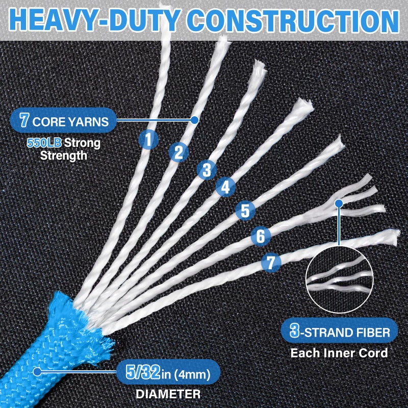 Triberion Paracord Rope 550 lb - 100ft 5/32" Parachute Cord 4MM 7-Strand para Cord - Heavy Duty Spool String for Survival,Camping Gear, Survival Bracelet, Clothesline - Blue - Image 3