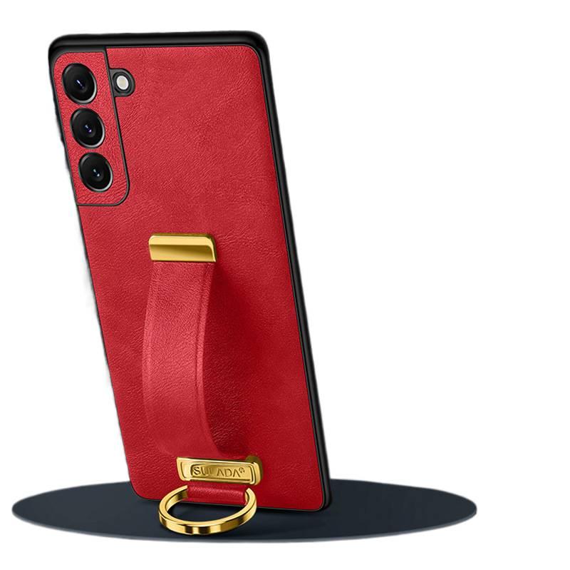 Drop Protection Samsung Galaxy S24 Leather Texture with Kickstand and Wrist Strap Ring Holder in Red Colour - Image 1