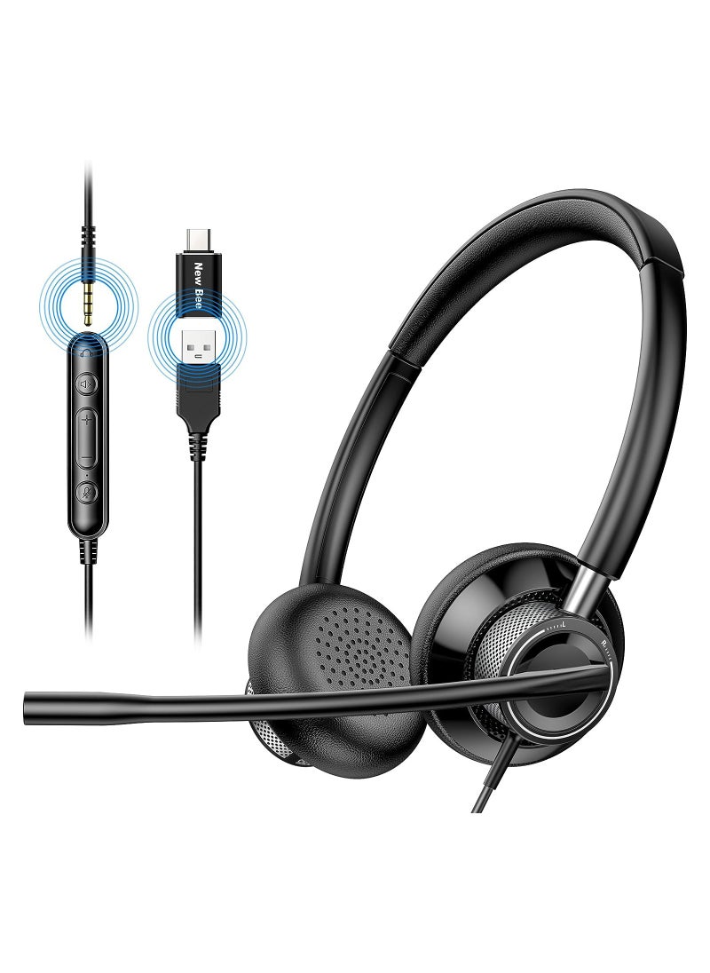 New Bee - H361 USB Headset with Microphone, Computer Headset with in-line Mute & Volume Control, 3.5mm/ USB/USB-C Wired Headset for Laptop, Skype, Zoom, Call Center, Meetings, Webinar, Home - Image 1