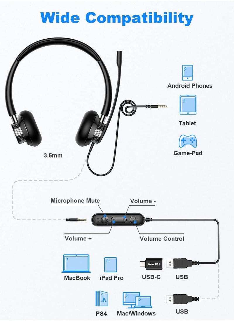 New Bee - H361 USB Headset with Microphone, Computer Headset with in-line Mute & Volume Control, 3.5mm/ USB/USB-C Wired Headset for Laptop, Skype, Zoom, Call Center, Meetings, Webinar, Home - Image 1