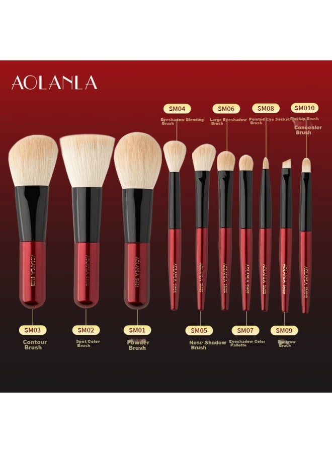 Aolanla Portable Mini Red 10-piece Makeup Brush Set With Animal Hair Travel Beauty Brushes Gift For Wife - Image 2