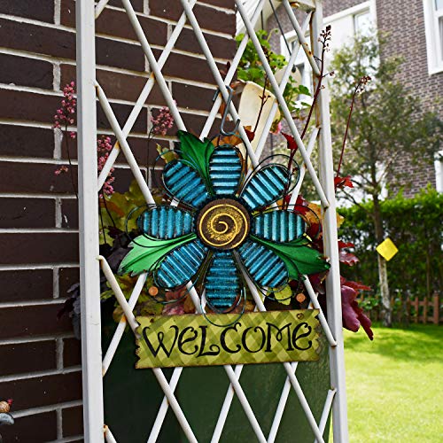 E-view Metal Welcome Sign Daisy Hanging Signs for Front Door - Indoor Outdoor Door Decor Wall Art Flower Decoration Decorative Ornament Wreath for Home Garden Patio (Blue) - Image 2