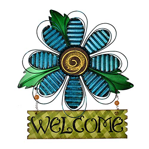 E-view Metal Welcome Sign Daisy Hanging Signs for Front Door - Indoor Outdoor Door Decor Wall Art Flower Decoration Decorative Ornament Wreath for Home Garden Patio (Blue) - Image 1