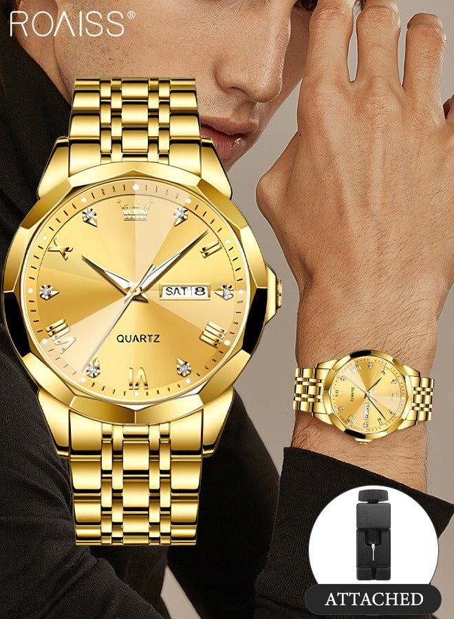 roaiss Men's Stainless Steel Strap Quartz Watch Analog Display Round Gold Dial with Rhombic Coated Glass Mirror Waterproof Luminous Wristwatch as Gift for Men - Image 1