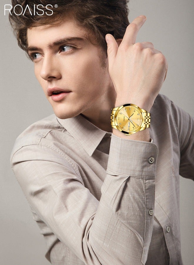 roaiss Men's Stainless Steel Strap Quartz Watch Analog Display Round Gold Dial with Rhombic Coated Glass Mirror Waterproof Luminous Wristwatch as Gift for Men - Image 2