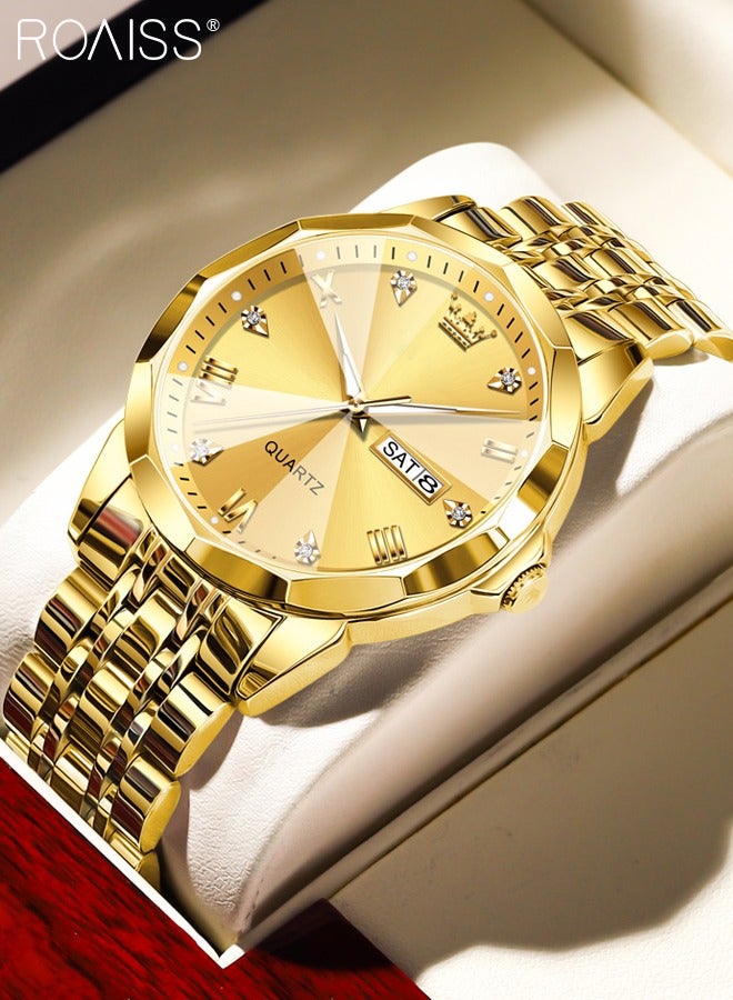 roaiss Men's Stainless Steel Strap Quartz Watch Analog Display Round Gold Dial with Rhombic Coated Glass Mirror Waterproof Luminous Wristwatch as Gift for Men - Image 3