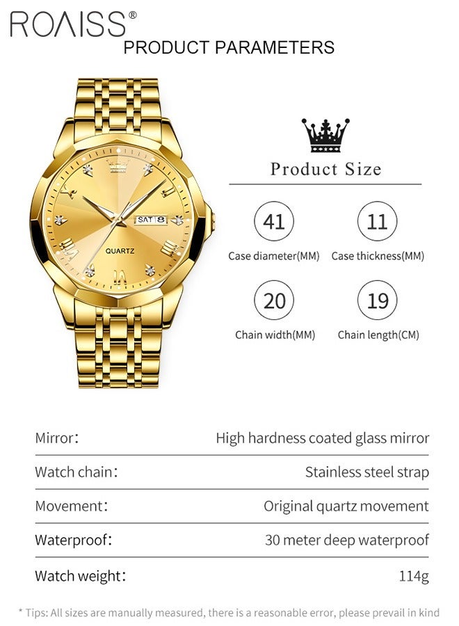roaiss Men's Stainless Steel Strap Quartz Watch Analog Display Round Gold Dial with Rhombic Coated Glass Mirror Waterproof Luminous Wristwatch as Gift for Men - Image 4