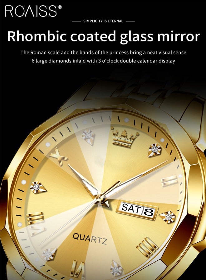 roaiss Men's Stainless Steel Strap Quartz Watch Analog Display Round Gold Dial with Rhombic Coated Glass Mirror Waterproof Luminous Wristwatch as Gift for Men - Image 5