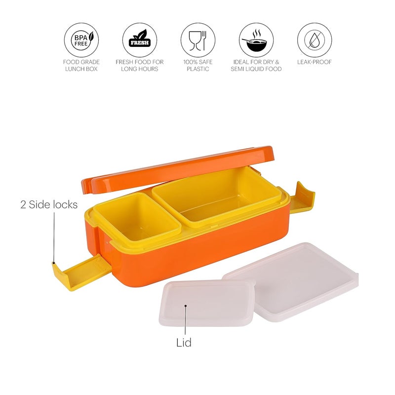 Cello CELLO Food Mate Snap Lock Plastic Lunch Box, 713ml, Orange | 2 Compartment with 2 Side Lock for School Kids and Adults | Leak-Proof Snacks Tiffin Box for School Kids, Office, Picnic & Travelling  - Image 2