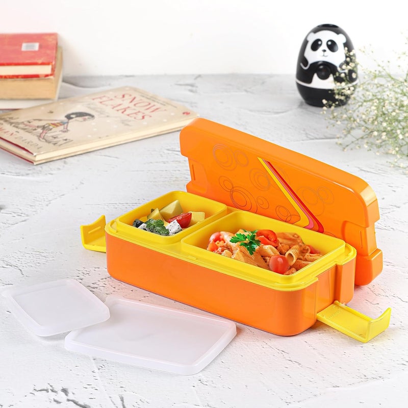 Cello CELLO Food Mate Snap Lock Plastic Lunch Box, 713ml, Orange | 2 Compartment with 2 Side Lock for School Kids and Adults | Leak-Proof Snacks Tiffin Box for School Kids, Office, Picnic & Travelling  - Image 5