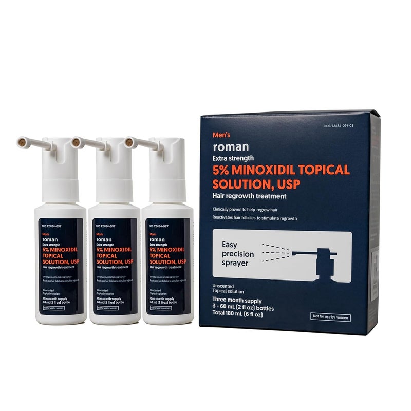 Roman Mens Topical Hair Regrowth Treatment Spray  5 Minoxidil Solution Clinically Proven for Thinning Hair Easy to Use Unscented  3Month Supply