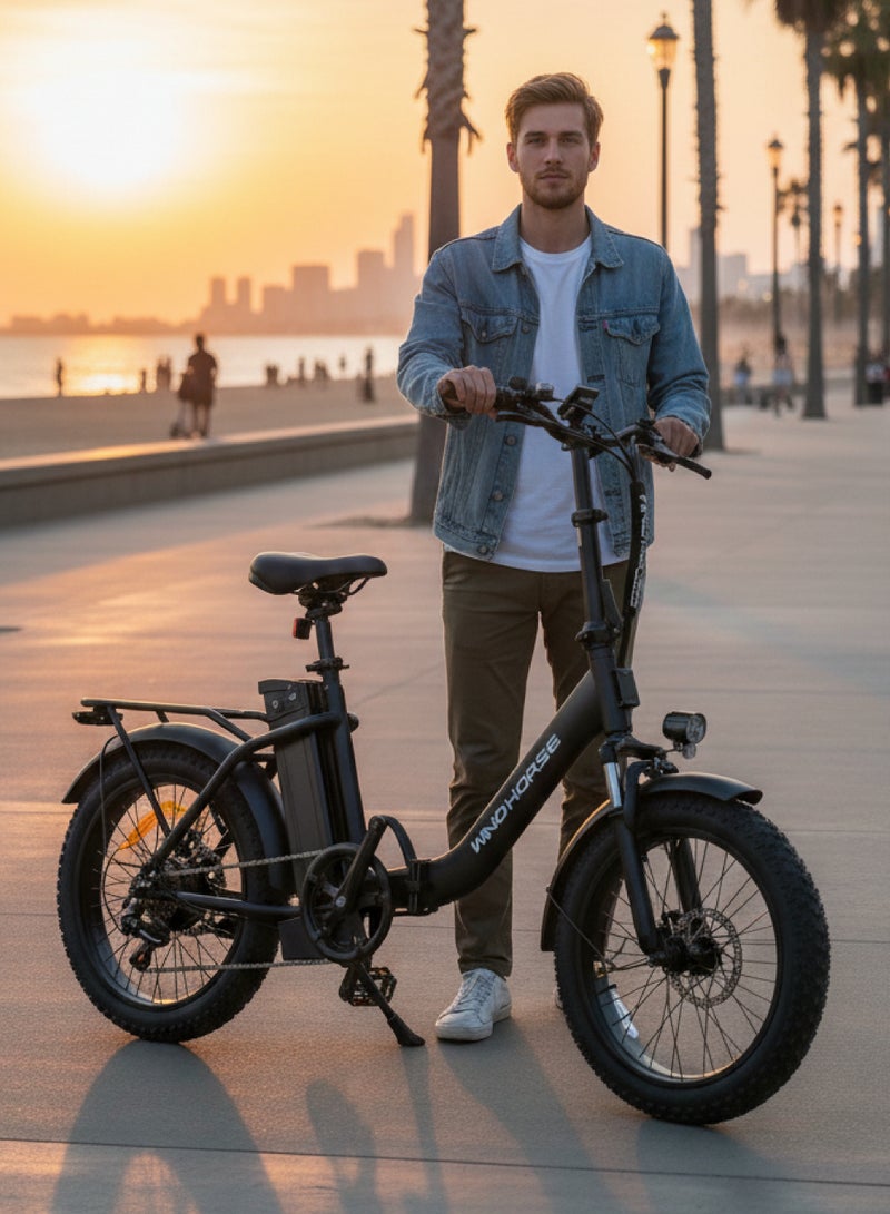 ويندهورس دراجة كهربائية W4B قابلة للطي بقوة 750 واط للبالغين، بطارية 48 فولت 15.6 أمبير قابلة للإزالة، سرعة تصل إلى 40 كم/س، مدى 45–60 كم، إطارات عريضة 20 إنش، 7 سرعات Shimano، هيكل من سبائك الكربون، شاشة LCD - Image 3