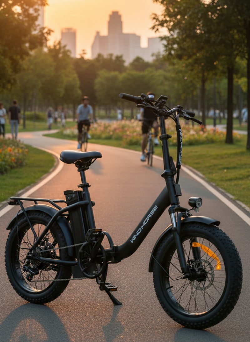 ويندهورس دراجة كهربائية W4B قابلة للطي بقوة 750 واط للبالغين، بطارية 48 فولت 15.6 أمبير قابلة للإزالة، سرعة تصل إلى 40 كم/س، مدى 45–60 كم، إطارات عريضة 20 إنش، 7 سرعات Shimano، هيكل من سبائك الكربون، شاشة LCD - Image 5