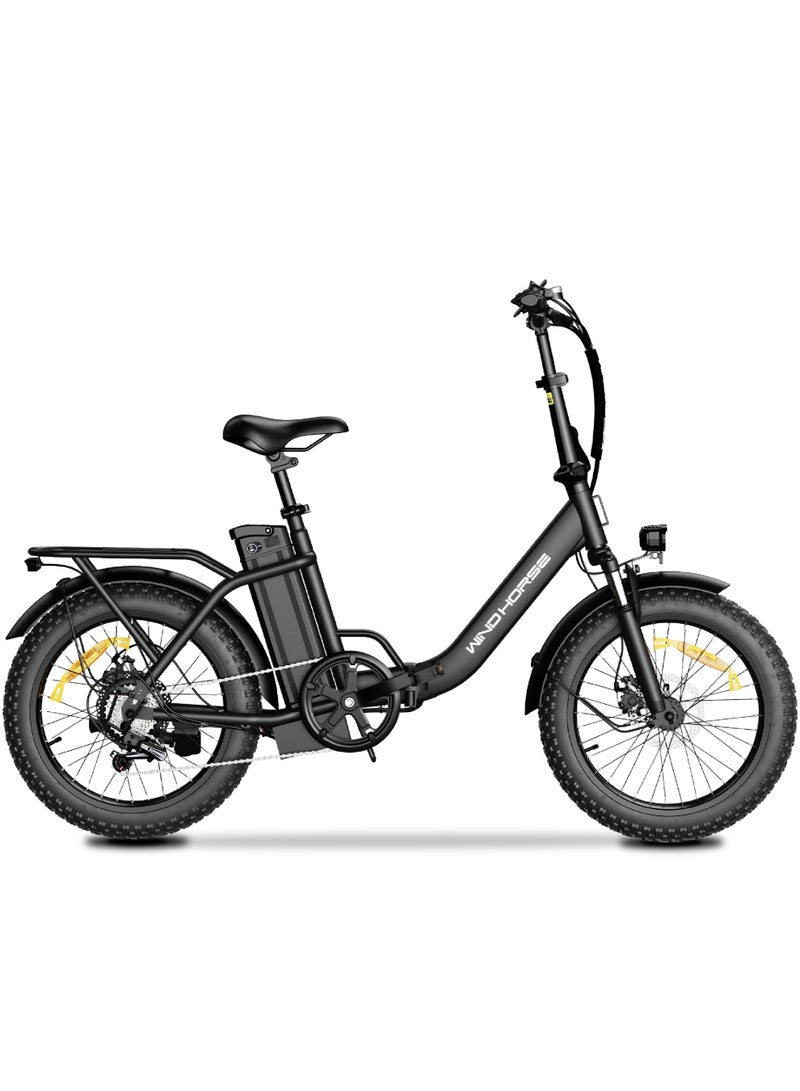 ويندهورس دراجة كهربائية W4B قابلة للطي بقوة 750 واط للبالغين، بطارية 48 فولت 15.6 أمبير قابلة للإزالة، سرعة تصل إلى 40 كم/س، مدى 45–60 كم، إطارات عريضة 20 إنش، 7 سرعات Shimano، هيكل من سبائك الكربون، شاشة LCD - Image 2