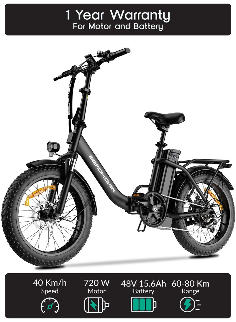 ويندهورس دراجة كهربائية W4B قابلة للطي بقوة 750 واط للبالغين، بطارية 48 فولت 15.6 أمبير قابلة للإزالة، سرعة تصل إلى 40 كم/س، مدى 45–60 كم، إطارات عريضة 20 إنش، 7 سرعات Shimano، هيكل من سبائك الكربون، شاشة LCD - Image 1