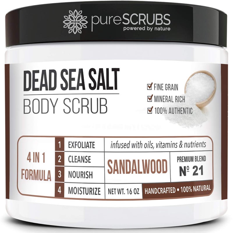 pureSCRUBS Premium Sandalwood Body Scrub Set  Large 16oz Dead Sea Salt Body Scrub With Infused Essential Oils  Nutrients Includes Wooden Spoon Loofah  Oatmeal Exfoliating Bar Soap