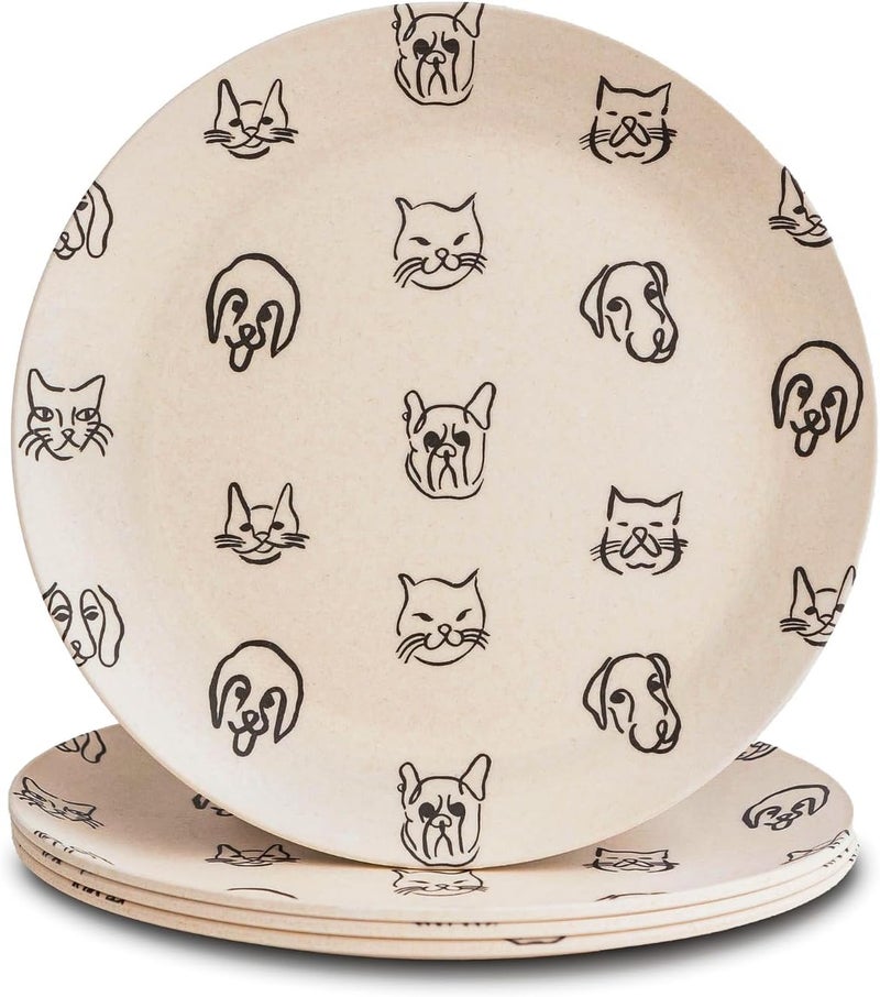 Nook Theory 4 Pack Reusable Bamboo Plates  NonToxic Toddler and Kids Plate Dishwasher Safe Not Microwavable Dinnerware Catdog 8 - Image 1