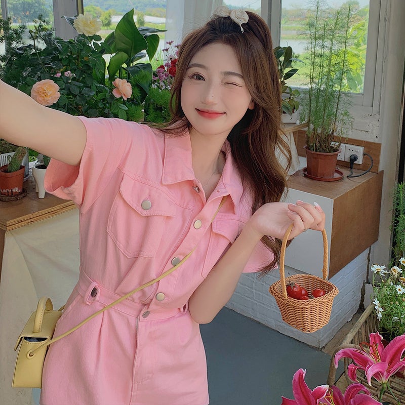 Denim dress Womens Summer 2022 New Sweet Cool Girl Hong Kong Flavor Salt Sweet Tight Waist Slimming plus size Skirt Pink - Image 3