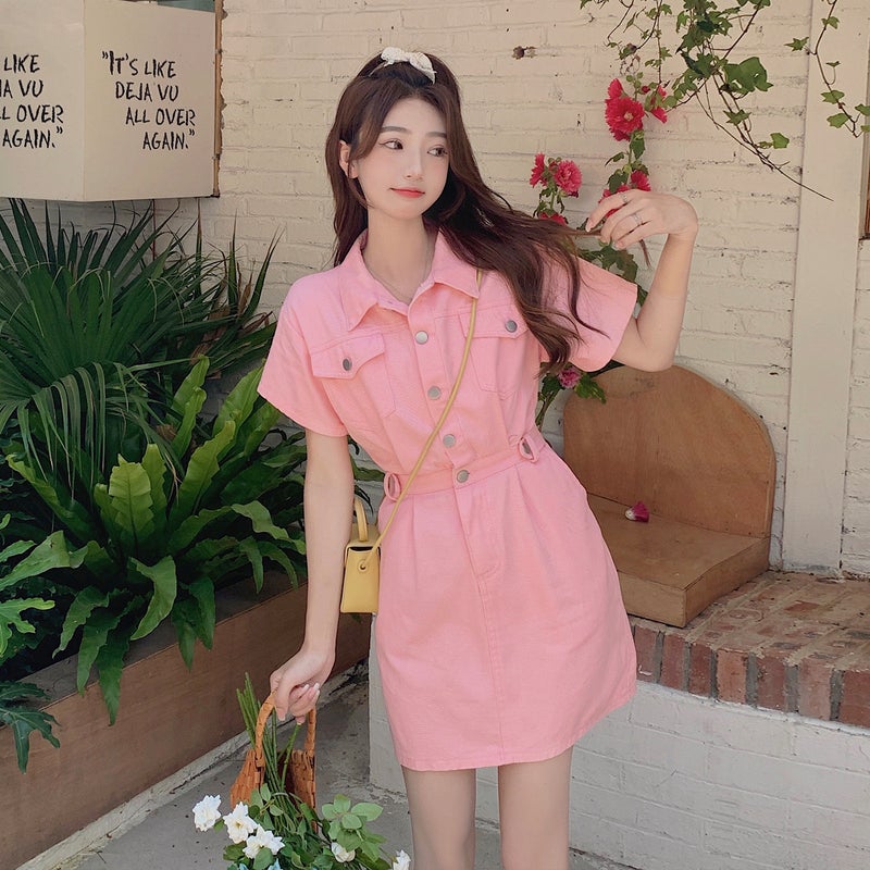 Denim dress Womens Summer 2022 New Sweet Cool Girl Hong Kong Flavor Salt Sweet Tight Waist Slimming plus size Skirt Pink - Image 1