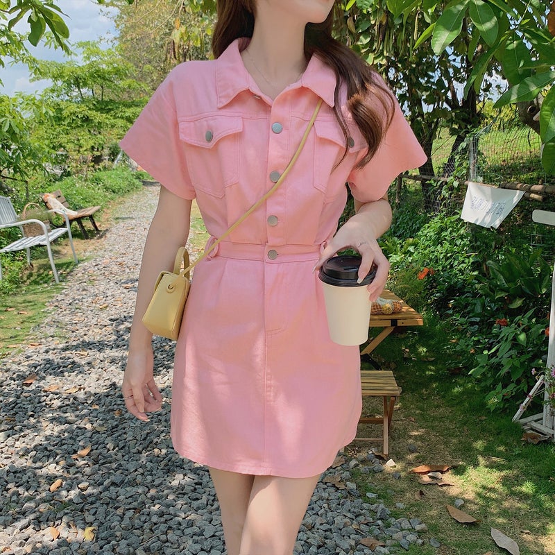 Denim dress Womens Summer 2022 New Sweet Cool Girl Hong Kong Flavor Salt Sweet Tight Waist Slimming plus size Skirt Pink - Image 2