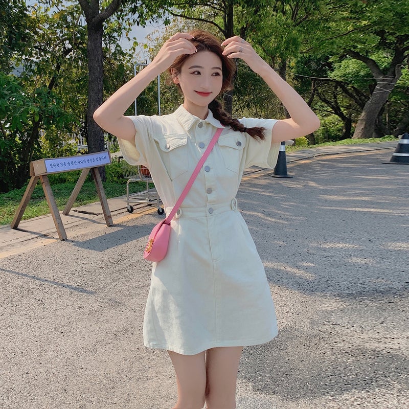 Denim dress Womens Summer 2022 New Sweet Cool Girl Hong Kong Flavor Salt Sweet Tight Waist Slimming plus size Skirt Pink - Image 4