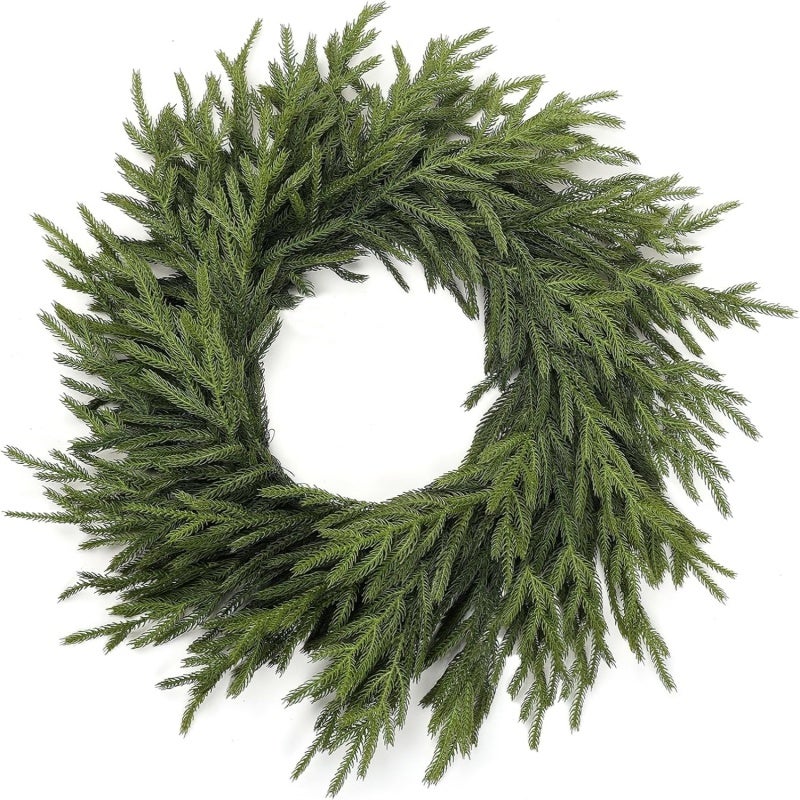 Christmas Wreath 24 Inch Real Touch Norfolk Pine Wreath - UV Resistant Faux Pine Wreath for Indoor Outdoor Front Door Wall Mantle Holiday Decoration - Image 2