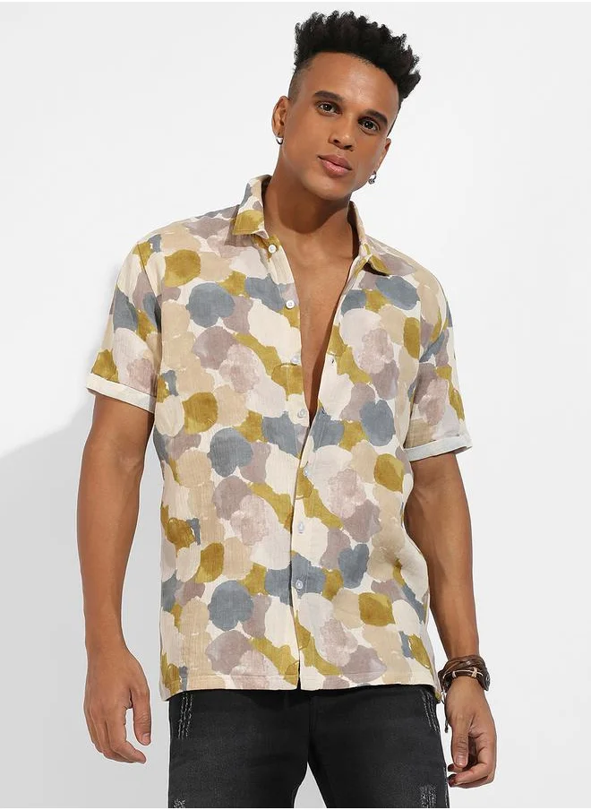 Campus Sutra Abstract Print Short Sleeves Casual Shirt