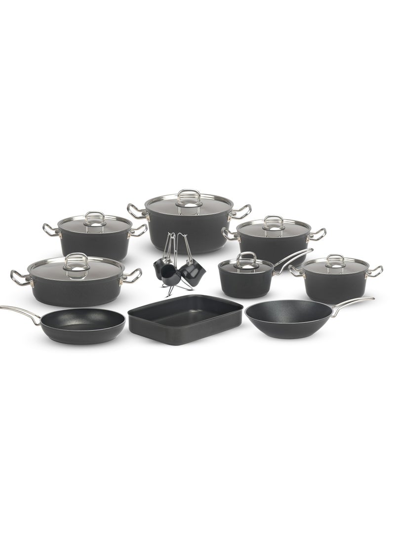 لاينس طقم حلل جرانيت تركي لاينز Lines – طقم 19 قطعة – مقاسات 18/20/24/28 + طاسة 26 + ووك 28 + كسرولة 16 + صينية فرن 34.5 سم + 4 كنكات ستاند – غطاء ستانلس – 7 ألوان لون black - Image 1