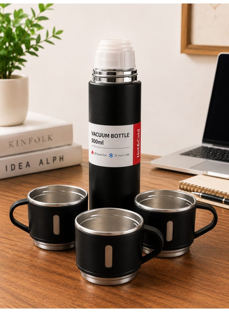500ml Thermal Flask Set with 3 Stainless Steel Cups – Insulated Vacuum Bottle Keeps Drinks Hot or Cold for Up to 12 Hours - Image 2