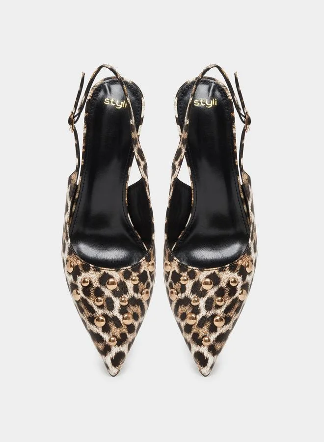 Styli Styli Leopard Print Studded Kitten Heel Shoes