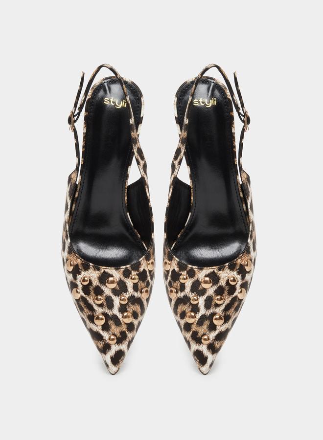Styli Leopard Print Studded Kitten Heel Shoes - Image 5