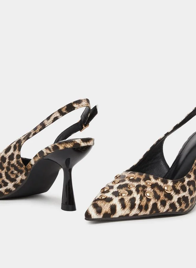 Styli Styli Leopard Print Studded Kitten Heel Shoes