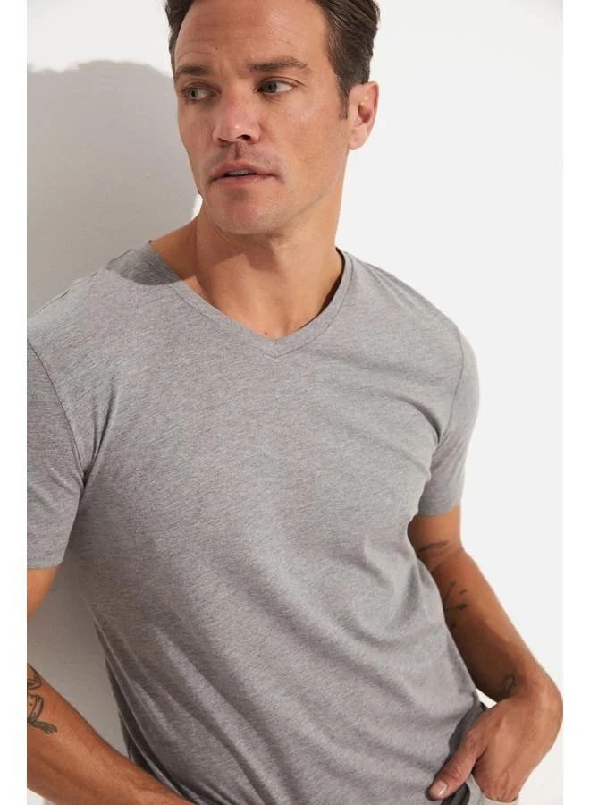 JUNE June Men Regular Fit Basic Short Sleeve V-Neck Tshirt Greymelange